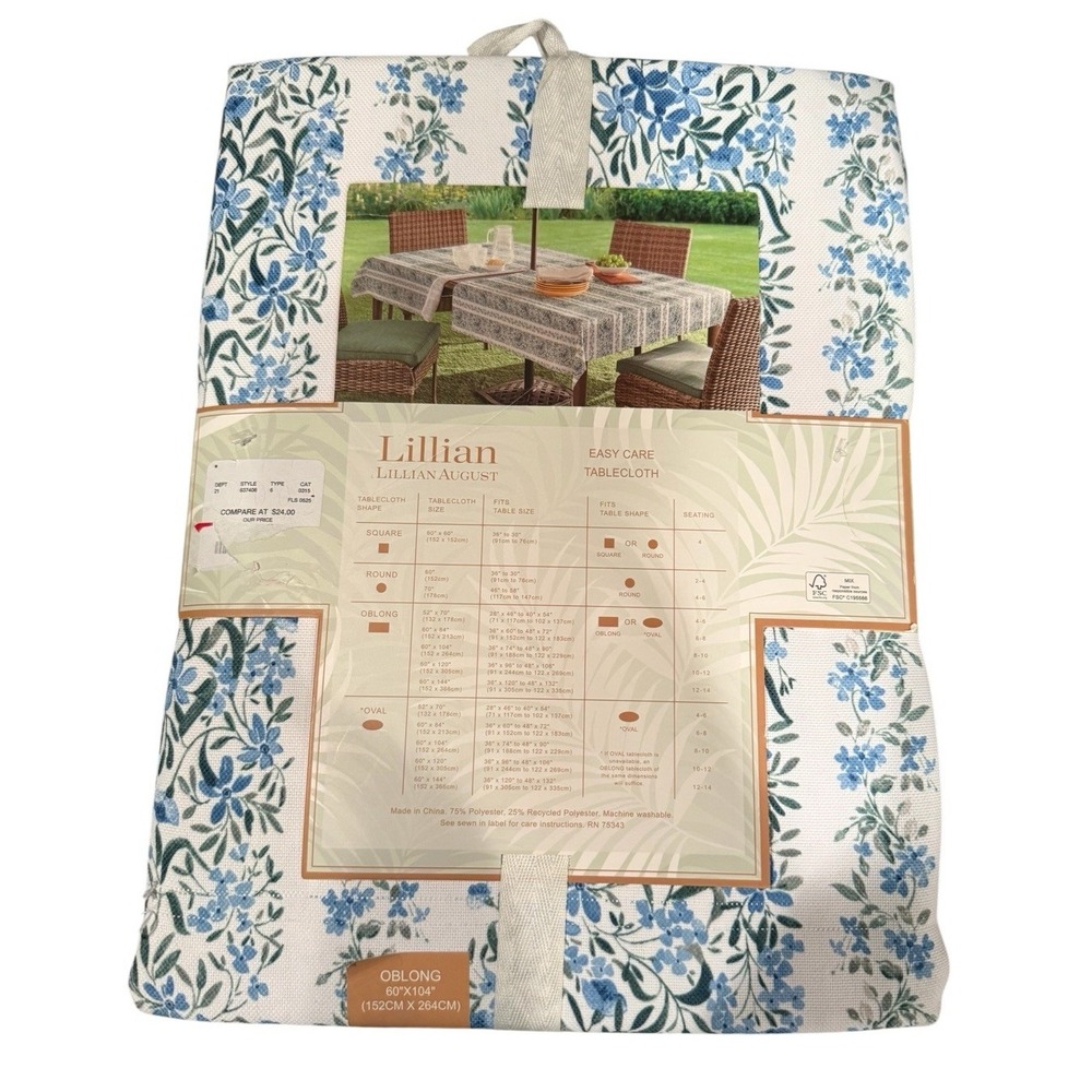 Lillian August Tablecloth Blue Floral 60 x 104 Zipper New In Package - Picture 3 of 4